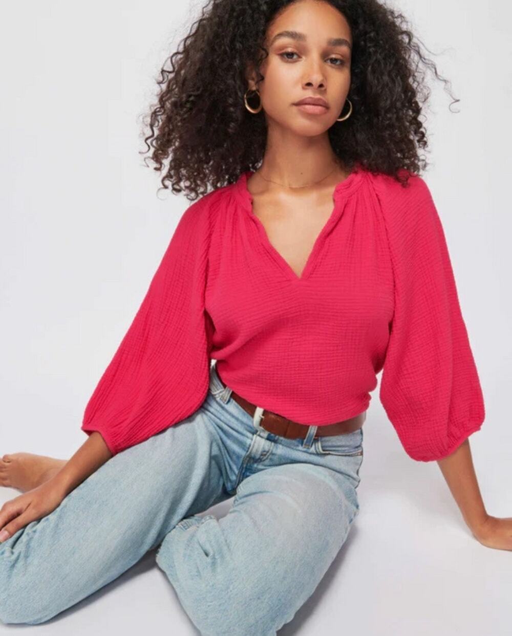 NWT Nation LTD Mimi Romance Blouse Hibiscus Pink 100% Cotton Gauze Large USA